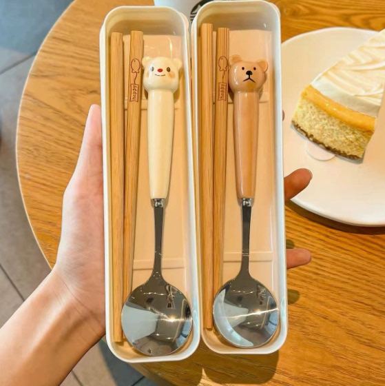 Japanese Premium Chopsticks, Spoon, and Fork Three-Piece Set, Cute and Convenient Stainless Steel Outdoor Cutlery for Students and Office Workers
