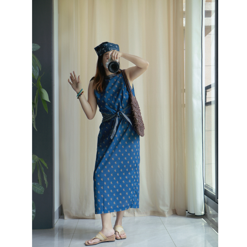 Benchmark Doe*100% Pure Cotton Blue Vintage Print Waist-Tie Sleeveless Off-Shoulder Dress Summer Long Dress