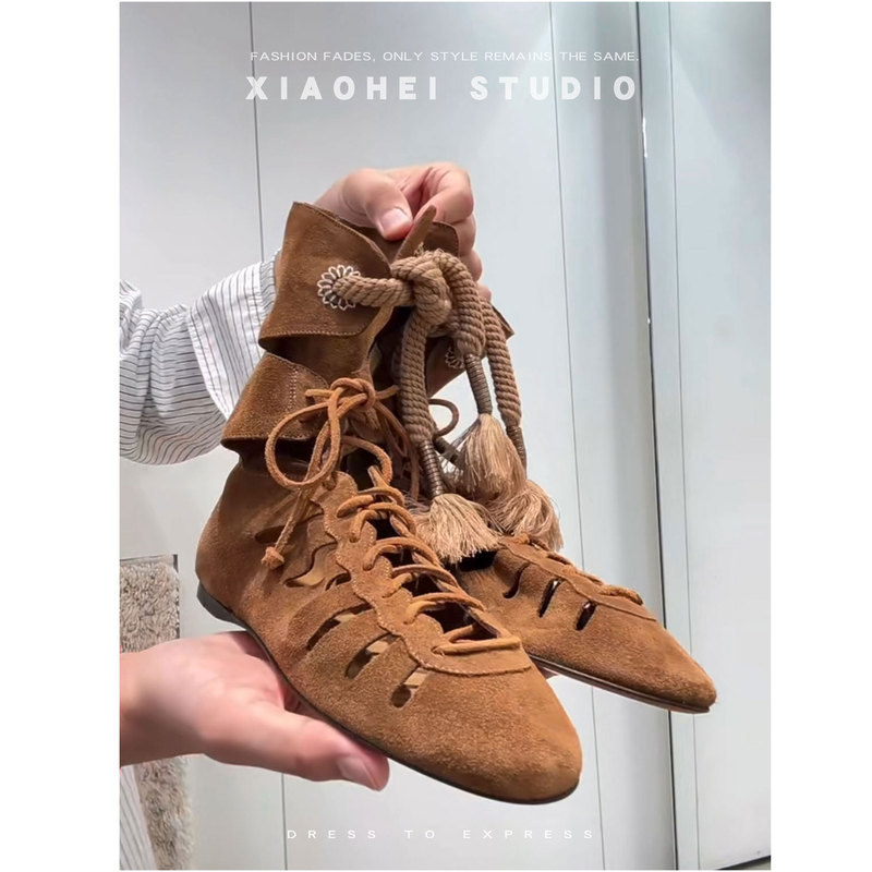 Black Online Trendy Brown Suede Breathable Lace-Up Short Boots for Women, Spring and Summer Cross-Strap Height-Increasing Boots