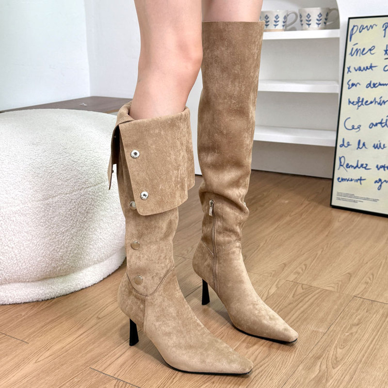 Black Suede Over-The-Knee Boots for Women, High-Heeled Slouch Boots, Stiletto Heels, Elegant, Slimming, High-End Riding Boots