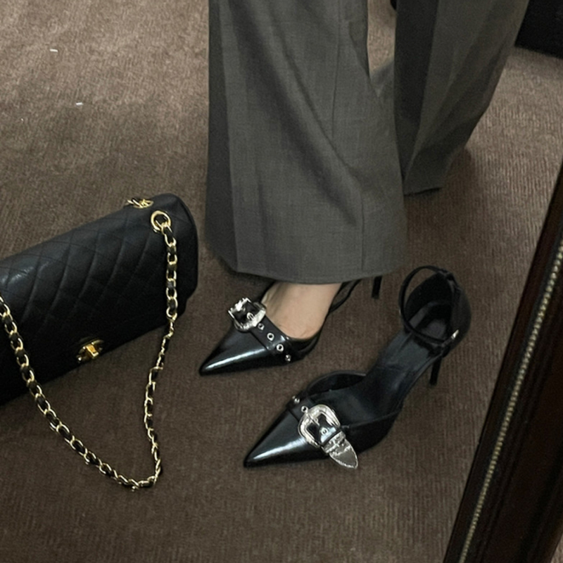 European and American Style Black Pointed-Toe High Heels, Mid-Heel Sexy Niche Single Shoes for Women, Metal French-Style Ankle Strap Sandals