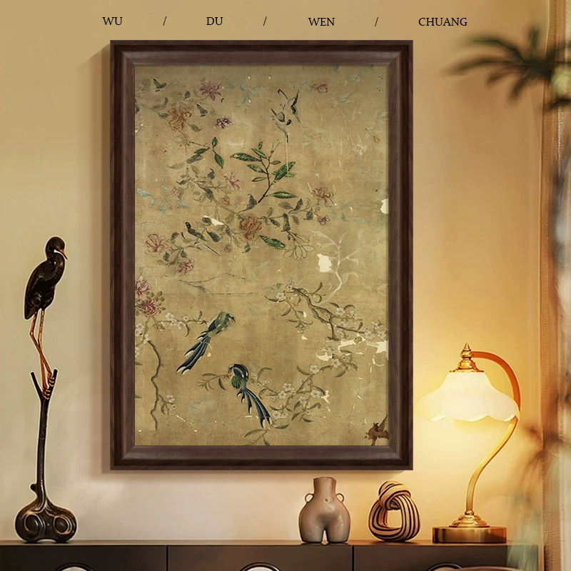 宋代美学花鸟图客厅书房手绘油画禅意中古风挂画玄关新中式装饰画