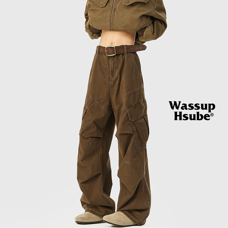 WASSUP HSUBE アメリカンレトロカジュアルパンツ メンズファッショントレンド マルチポケットオーバーオール 無地ワイドレッグパンツ