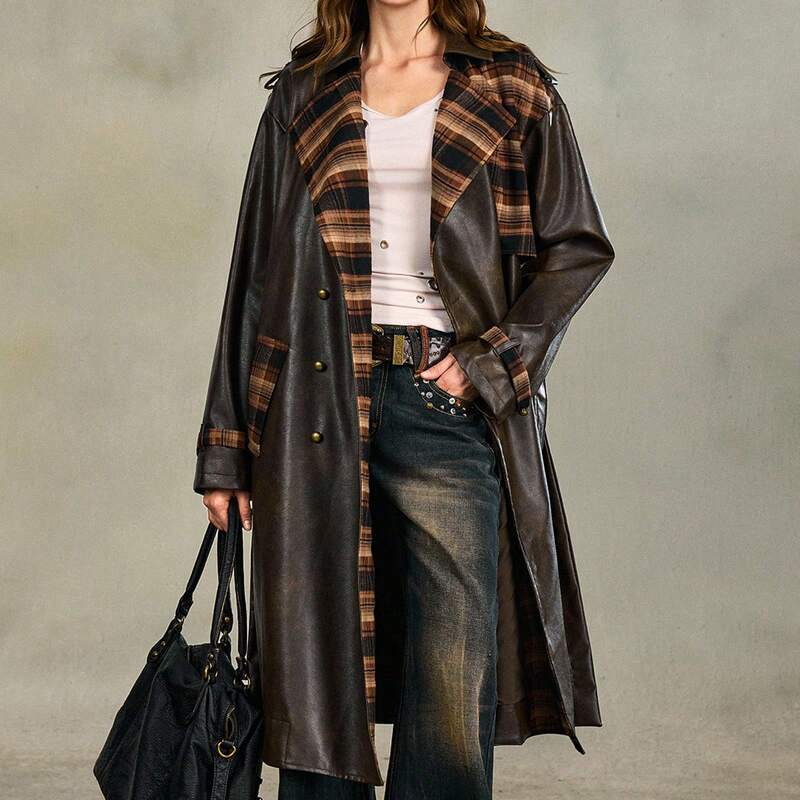 Shein Genuine Autumn Women's Retro Distressed Pu Leather Patchwork Plaid Long Trench Coat Jacket Elegant Leather Jacket