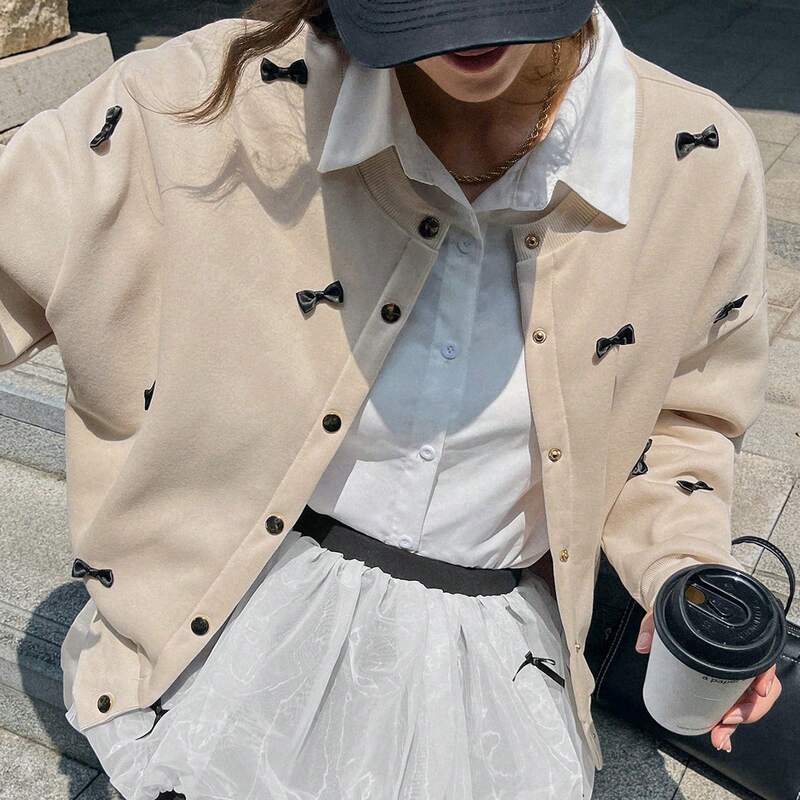 Shein Genuine Autumn Women's Apricot Long-Sleeved Black Bow-Decorated Women's Jacket Baseball Uniform