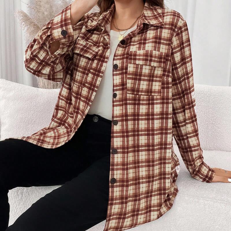 Shein Genuine Autumn Women's Plus-Size Casual Everyday Wear Long-Sleeve Pocket Plaid Loose Jacket Shein Genuine Autumn Women's Plus-Size Casual Everyday Wear Long-Sleeve Pocket Plaid Loose Jacket