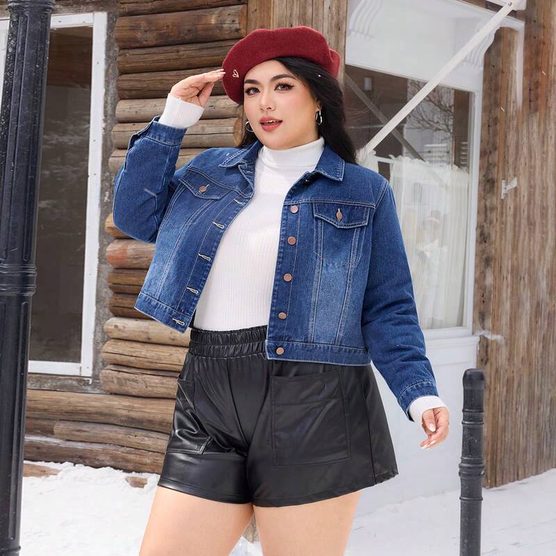 Shein Genuine Autumn Women's Plus-Size Blue Casual Washed Short Denim Jacket
