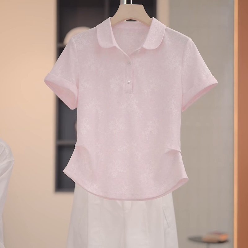 Gentle Pink Lace Jacquard Short-Sleeved T-Shirt for Women 2026 Summer New Fashion Versatile Age-Reducing Slimming Top Gentle Pink Lace Jacquard Short-Sleeved T-Shirt for Women 2026 Summer New Fashion Versatile Age-Reducing Slimming Top