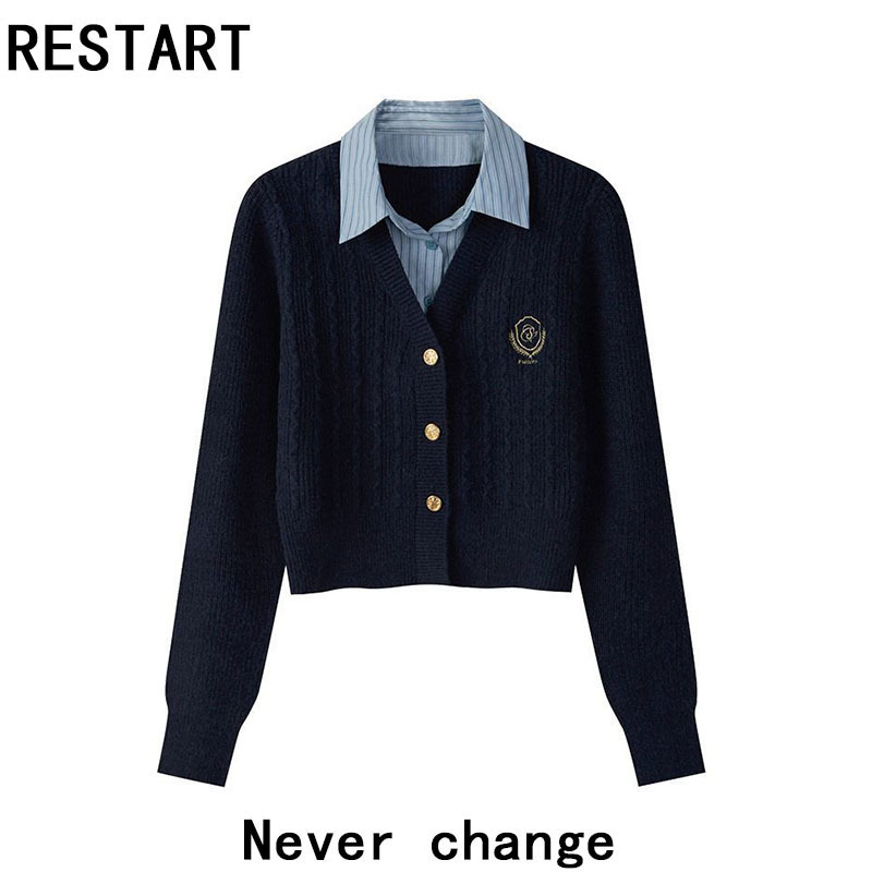 Polo Collar Fake Two-Piece Knitted Sweater for Women 2025 Spring and Autumn New British Preppy Style Design Top Polo Collar Fake Two-Piece Knitted Sweater for Women 2025 Spring and Autumn New British Preppy Style Design Top