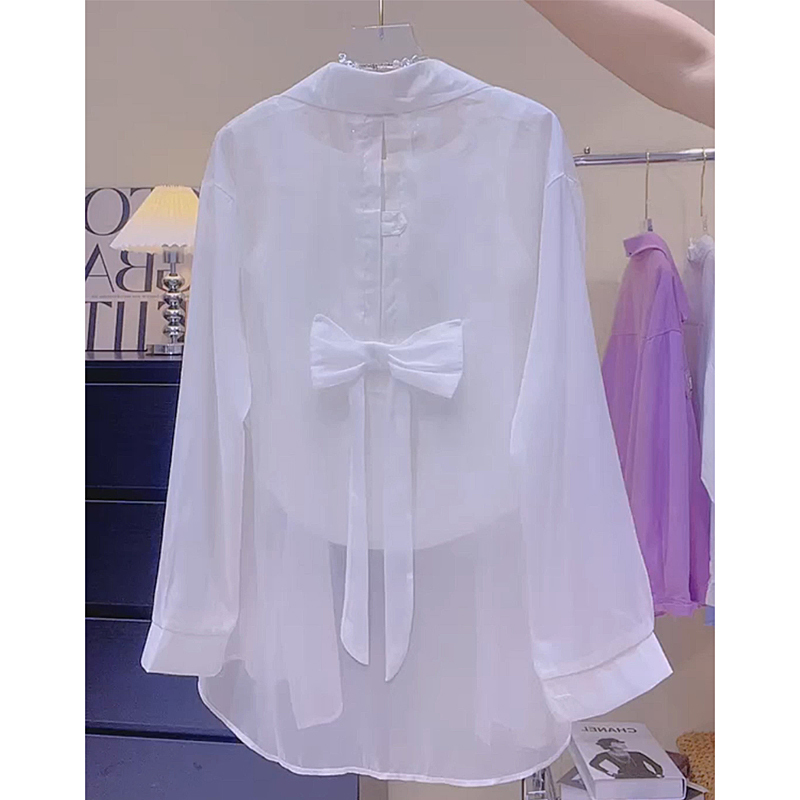 2026 Summer Design Bow Back Pearlescent Chiffon Shirt Women's Polo Collar Long Sleeve Thin Sunscreen Shirt