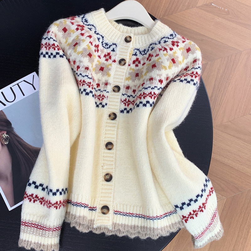 Fair Isle Jacquard Sweater Coat for Women 2026 Autumn and Winter New Style Lazy Loose Thick Soft Round Neck Knitted Cardigan Fair Isle Jacquard Sweater Coat for Women 2026 Autumn and Winter New Style Lazy Loose Thick Soft Round Neck Knitted Cardigan