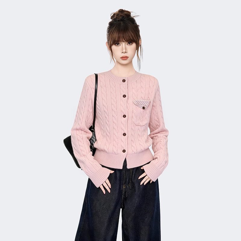 American-Style Zip-Up Ribbed Stand-Collar Sweater Cardigan for Women, Spring and Autumn/Winter Slim-Fit Knitted Long-Sleeve Top Jacket