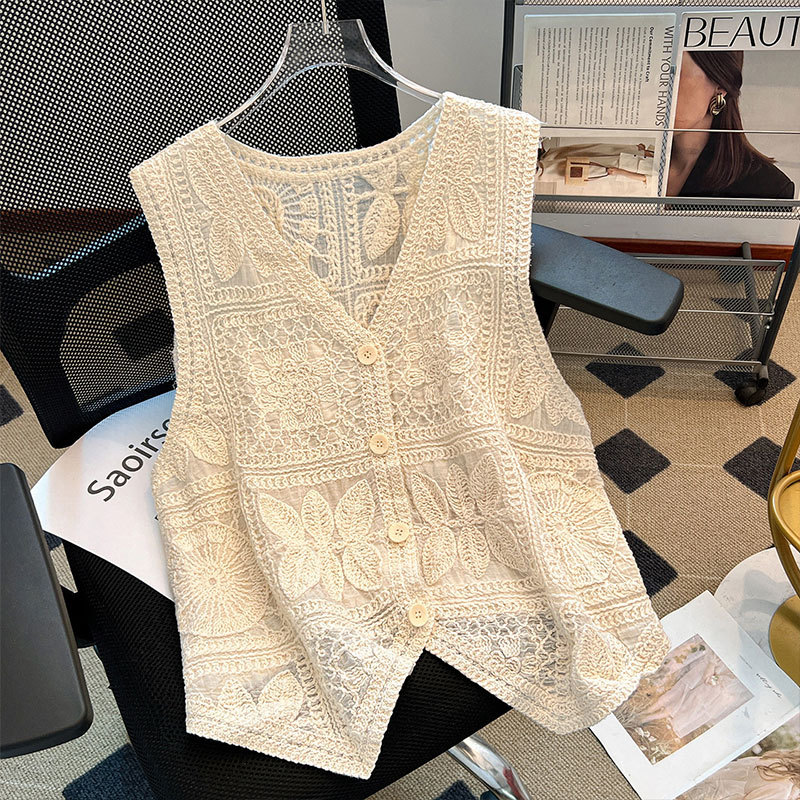 High-End Crochet Cardigan Vest for Women, New Summer Style, Plus-Size, Slightly Chubby, Tummy-Covering, V-Neck Vest Top
