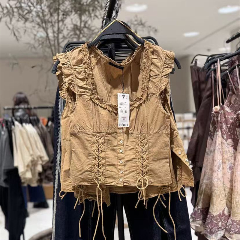 2026 Spring/Summer New Women's Sweet Sleeveless Round Neck Washed Effect Poplin Vest Shirt Top 7521029