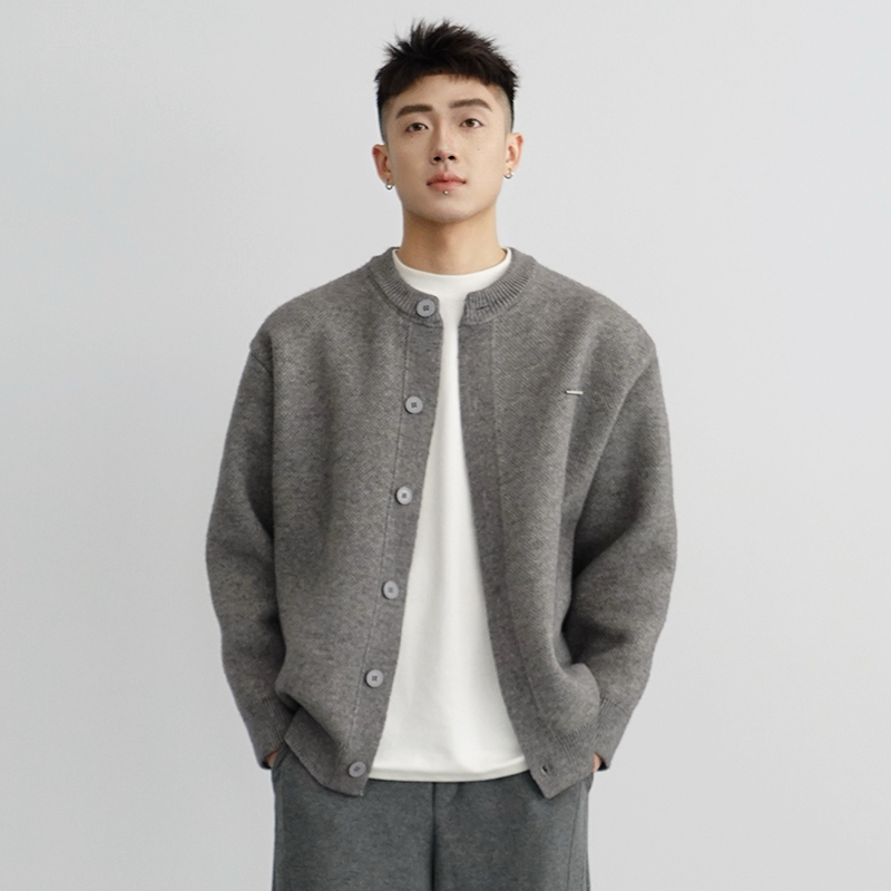 New Autumn and Winter Gray Relaxed Long-Sleeved Loose Old Money Style Knitted Cardigan Sweater for Men, Lazy Couple's Coat