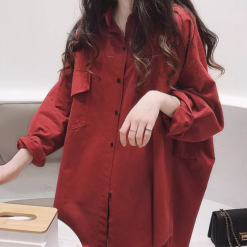 Fat mm Lazy Style Retro Shirt Jacket Women's Plus Size 150kg Autum Red Loose Long-Sleeved Mid-Length Shirt