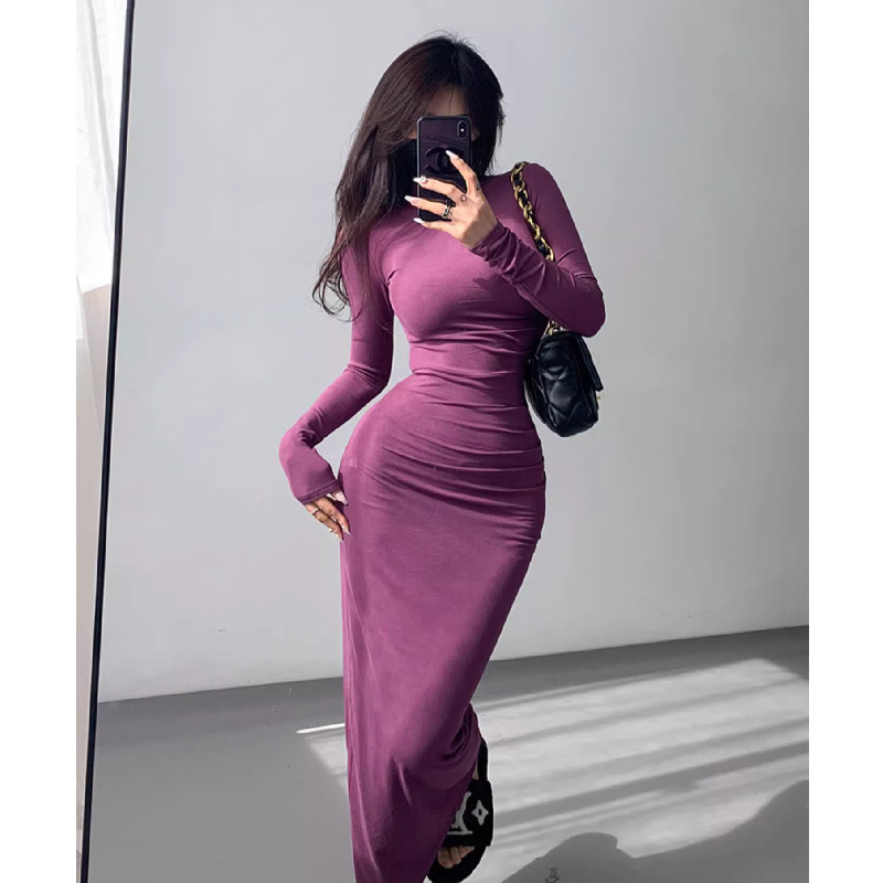 Noble Grape Purple Half-High Collar Long-Sleeved Dress for Women in Spring, Autumn and Winter, Slim-Fitting Pleated High-Elastic Elegant Hip-Hugging Mid-Length Skirt Noble Grape Purple Half-High Collar Long-Sleeved Dress for Women in Spring, Autumn and Winter, Slim-Fitting Pleated High-Elastic Elegant Hip-Hugging Mid-Length Skirt