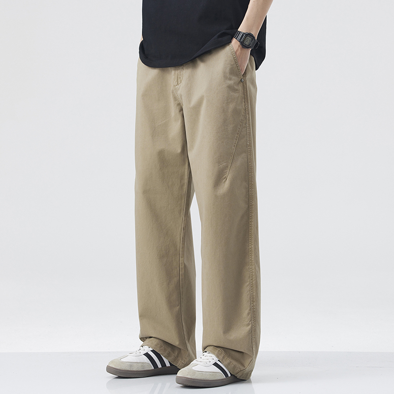 【100% Cotton】Men's Straight-Leg Casual Pants, Khaki Workwear Pants, Loose Fit, Wide-Leg, Versatile, Slimming, Long Work Pants