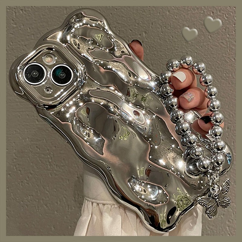 Wave Pattern Electroplated Silver Hand Chain Suitable for Apple 14 Pro Phone Case iPhone 13 Pro Max Silicone 12 Pro Butterfly Strap 17 Pro Anti-Drop 16 Women's Model 15 Pro Max