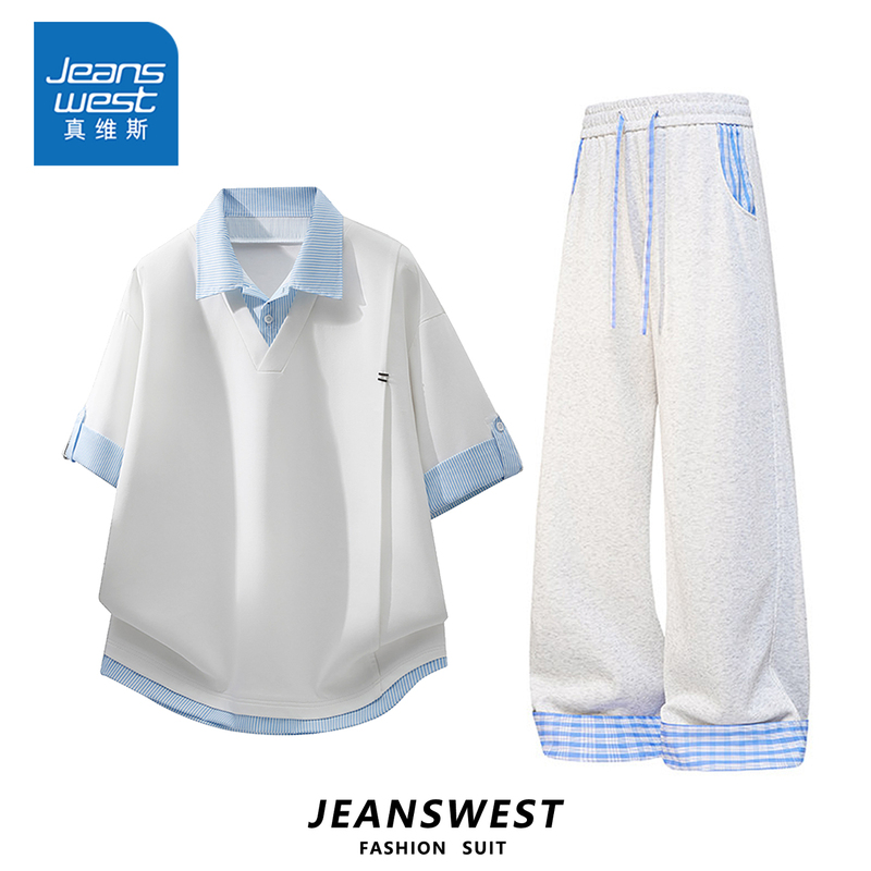[Chang Ruonan Endorsement] Jeanswest Fashionable Two-In-One Short-Sleeve Polo Shirt and Plaid Casual Pants Set for Men and Women