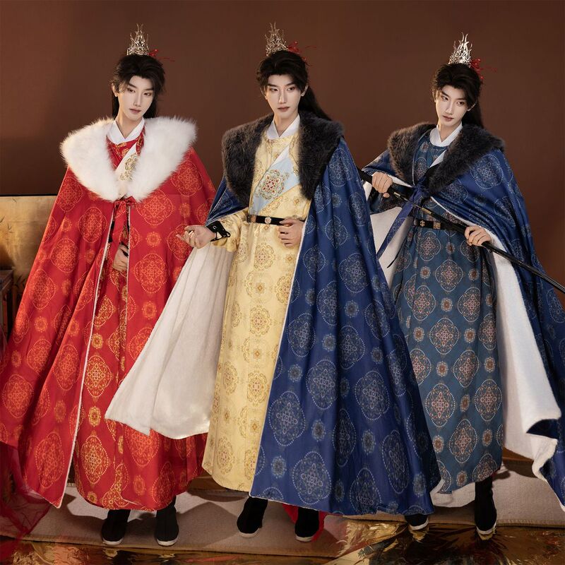 Original Tang-Style Round-Neck Robe Hanfu with Fleece-Lined Cape, Embroidered Unisex Chinese-Style Martial Arts Costume Set