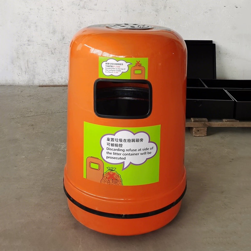 130L Large-Capacity Hong Kong Street Trash Bin, Fiberglass Waste Bin, Orange Color with Ashtray