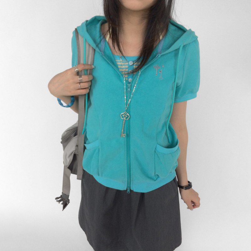 Innomoood “Salt Soda” Short-Sleeve Hooded T-Shirt Jacket Cardigan Embroidered Key Y2K Layered Vintage