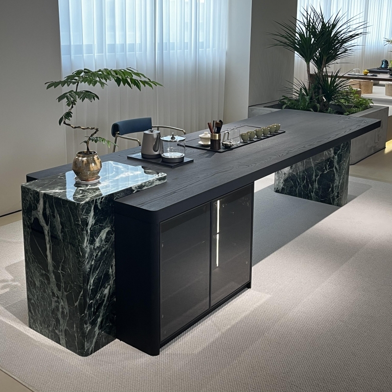 Italian-Style Minimalist Prada Green Marble Solid Wood Tea Table for Villa Large Flat Apartments, Designer Creative Art Tea Table