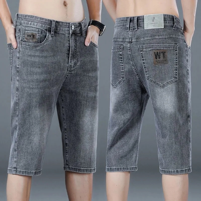 Men's Loose Straight-Leg Denim Shorts, Summer Thin Casual 5-Point Mid-Length Pants, Stretchy 7-Point Denim Shorts for Men
