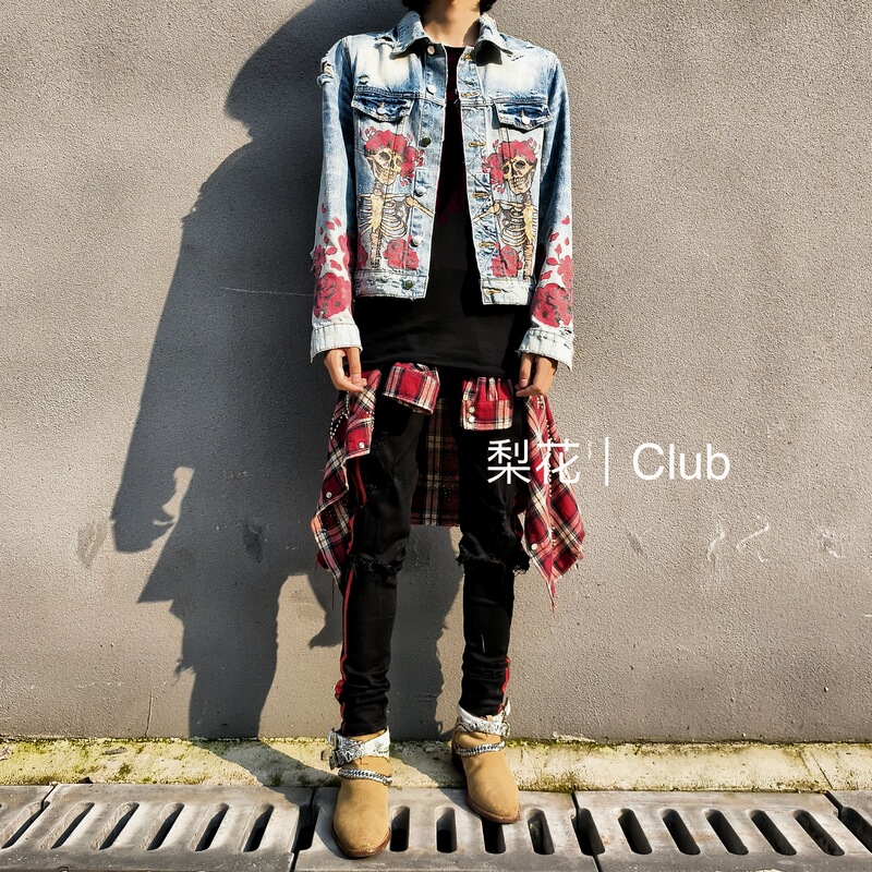 Pear Blossom Club Skull Rose Jacket Digital Direct Print Denim Jacket Exclusive High-End Version Rebellious Style