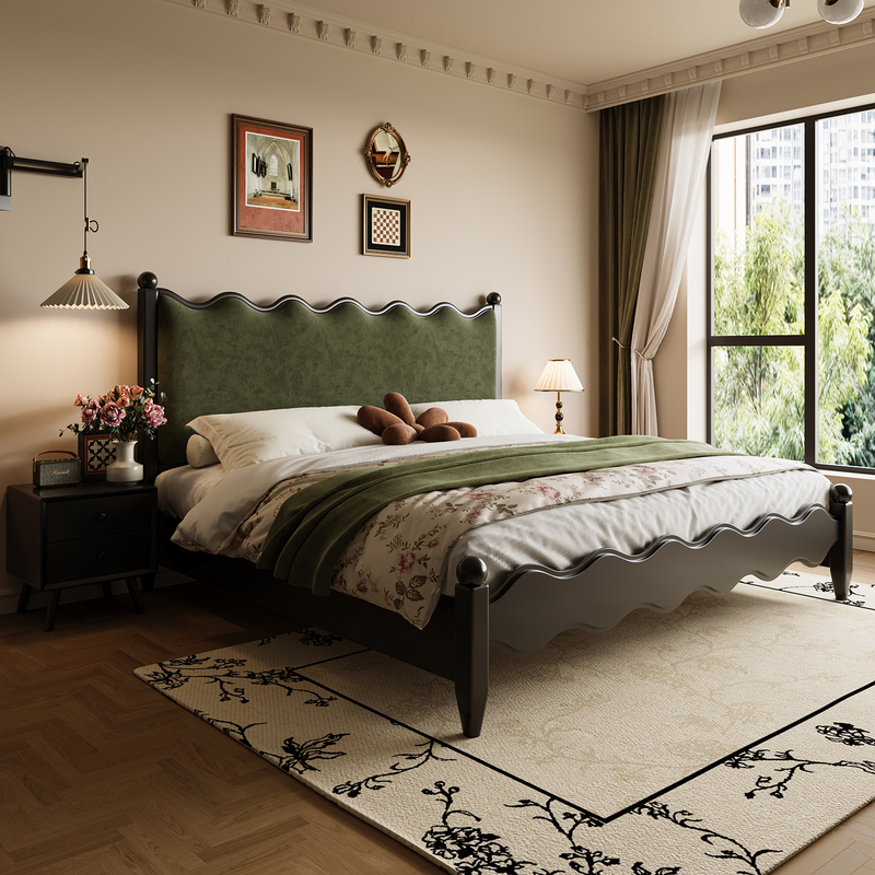 European-Style High-End Mid-Century Solid Wood Bed with Velvet Upholstery, French-Style Black Simple Double Bed with Drawer Storage