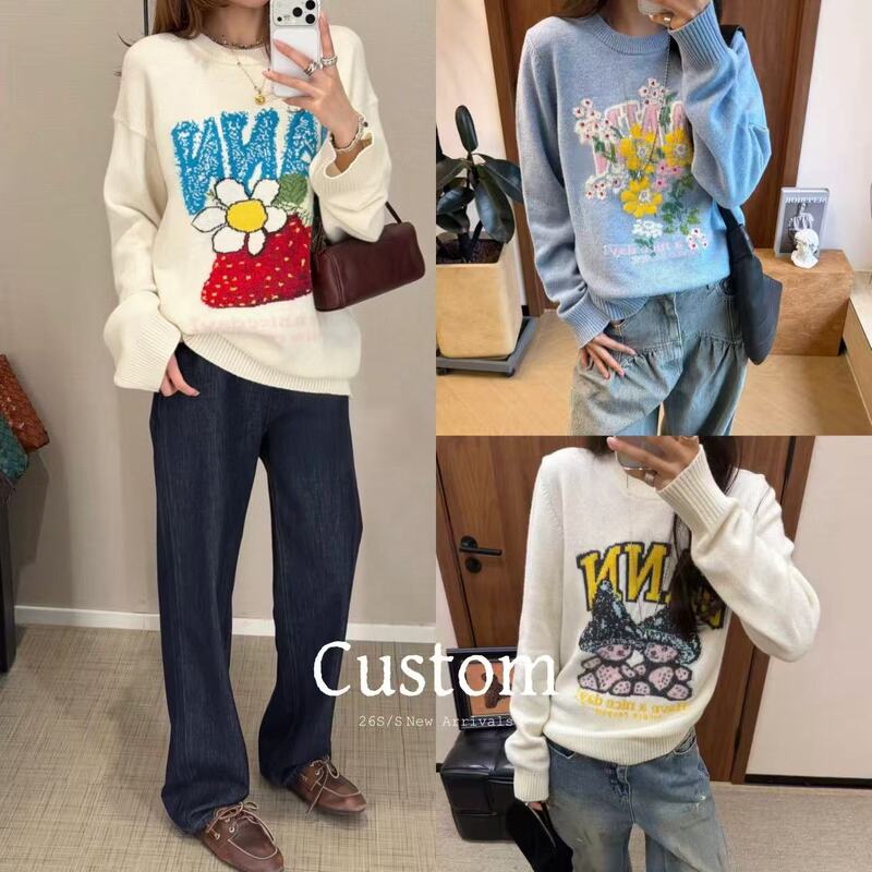 Custom| 90% off Pieces ▪ 26Ss Wu Xin's Same Style Puppy Pattern Knit Sweater for Women, Raspberry Print Loose Sweater Custom| 90% off Pieces ▪ 26Ss Wu Xin's Same Style Puppy Pattern Knit Sweater for Women, Raspberry Print Loose Sweater