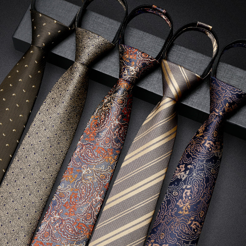 Champagne-Colored Tie for Men, Coffee-Colored Business Tie, No-Knot Pull-On Style, Vintage Striped Wedding Groom's Tie, Easy-To-Wear Brown Tie