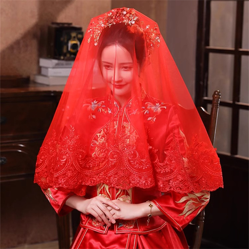 Red Veil, Red Headscarf, Bride's Xiuhe (Traditional Chinese Wedding Dress), High-End Wedding Ceremony Head Covering, Wedding Veil, Bridal Headscarf for Women Red Veil, Red Headscarf, Bride's Xiuhe (Traditional Chinese Wedding Dress), High-End Wedding Ceremony Head Covering, Wedding Veil, Bridal Headscarf for Women