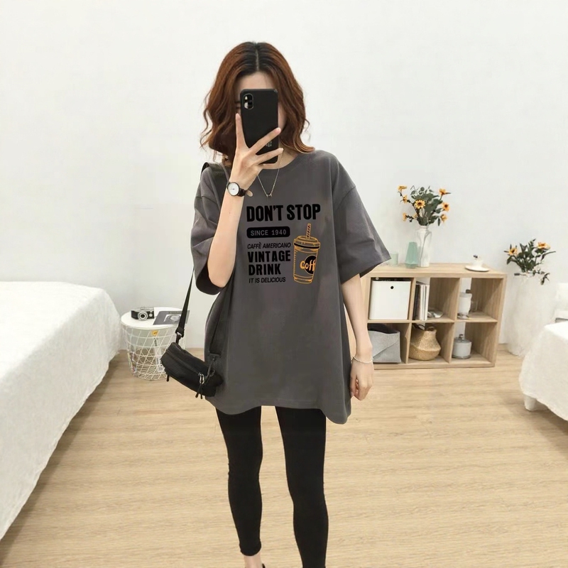 [Coffee Letters] Summer Pure Cotton Printed T-Shirt for Women, Korean Style, Drop Shoulder, Loose Fit, Round Neck, Unique Design, Niche T-Shirt
