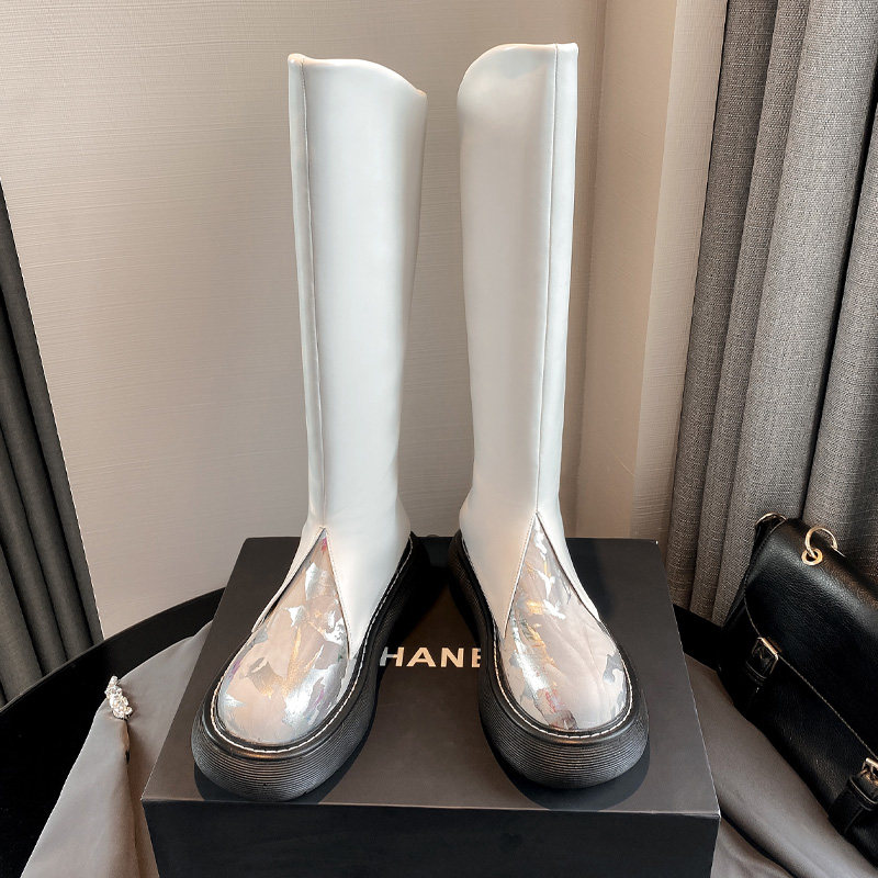 Small crowdhitchfork high straight tube pants tube boots genuine leather white long drum boot female riding boots thick leg inclined head thick bottom long boot