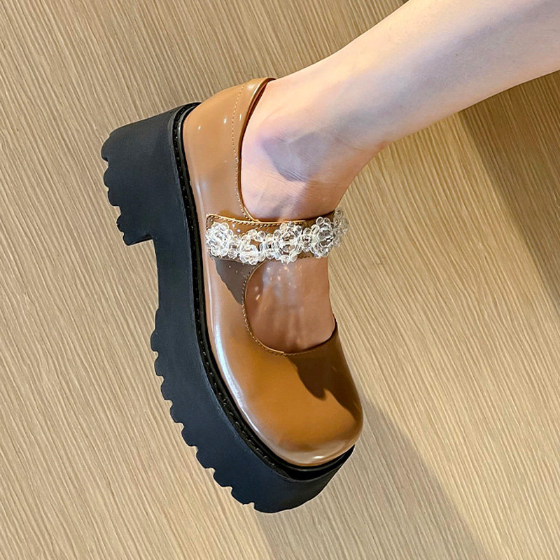 Leather rhinestone shoes women's sponge cake thick-soled small leather shoes retro ice flower Mary Jane shoes jk big toe shoes Japanese doll