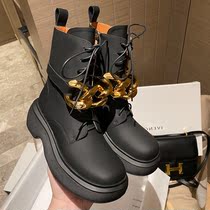 Military green thick-soled Martin boots female winter plus velvet leather single boots ins tide cool fried street strap chain short boots