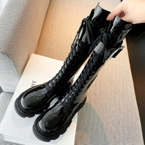 Net red patent leather boots show thin high boots metal buckle strap rider boots ann Martin boots thick soled boots winter