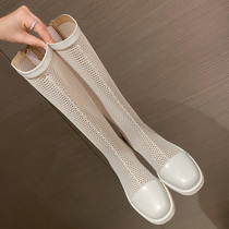 Net red hollowed-out long boot female summer white long cylinder boot head round high cylinder mesh yarn cool boots Spring subsection display slim leg flat-bottomed mesh boots