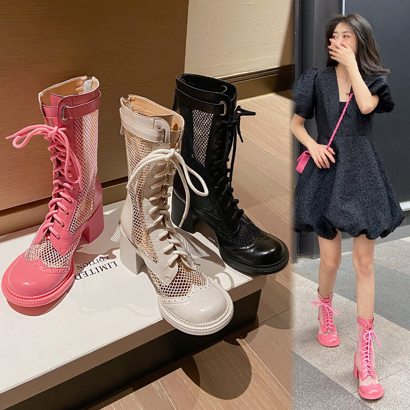 Eva head spring money net boots female hollowed-out boots in the middle of the box mesh yarn cool boots Summer Martin boots thin heel high heel short boots