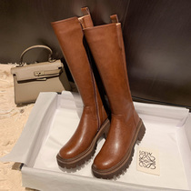 Leather brown boots thick-soled boots female winter plus velvet thickened woolen boots High-tube Knight boots thick legs northeast cotton boots