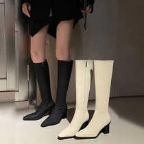 Green pointed boots female winter plus velvet thick heels high heel boots small man slim boots single boots thin high boots