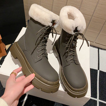 Leather strap thick-soled Martin boots women winter plus velvet padded short boots lamb wool snow boots warm northeast cotton boots