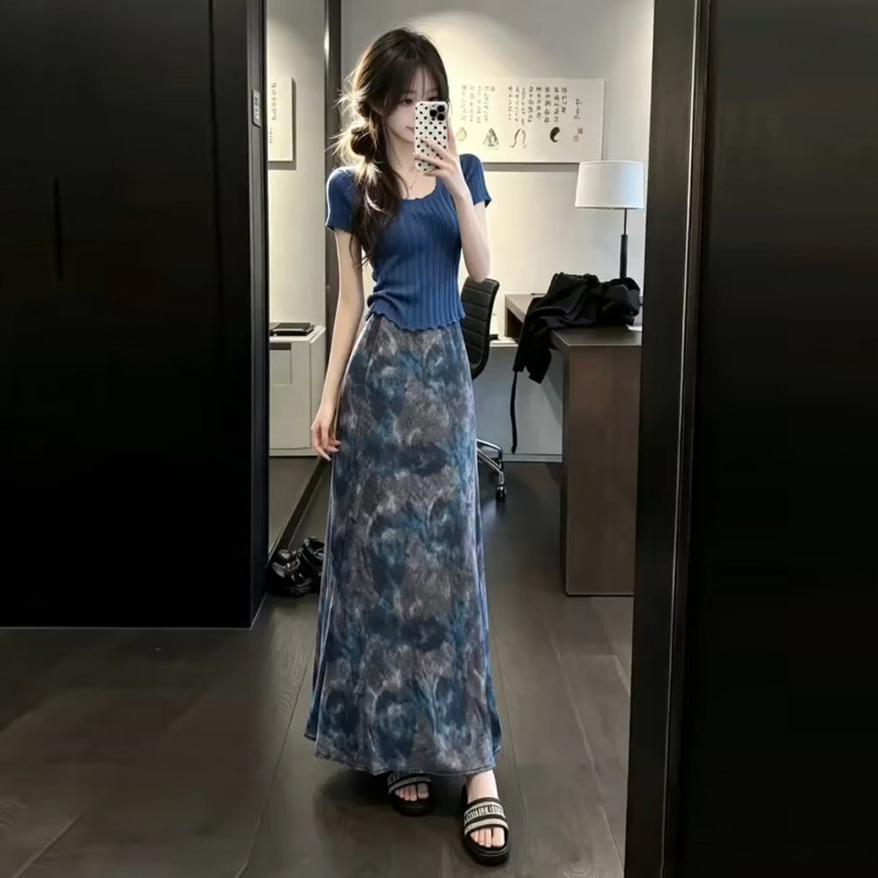 Very Pretty Blue Floral Dress for Women, New Summer 2026 Style, Super Popular Korean Style Outfit, Complete Set Long Dress
