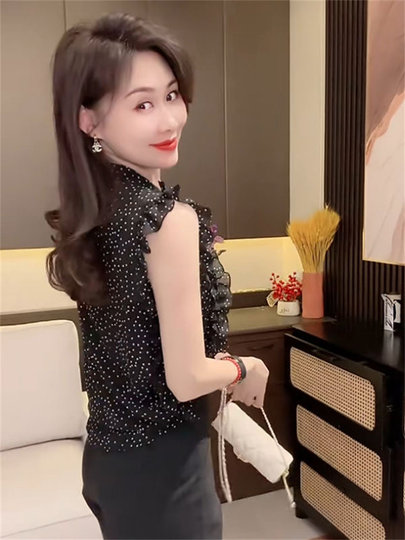 2025 nueva camisa de gasa con estampado de lunares de verano con diseño de hongo mangas voladoras con volantes camisa reductora de edad para mujer