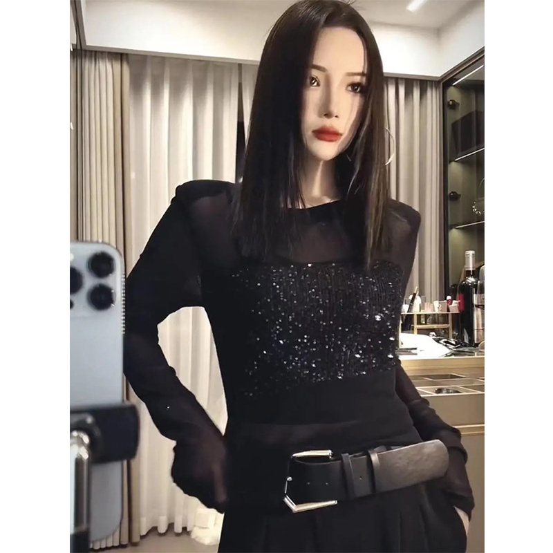 Korean-Style High-End Sequined Round-Neck Mesh Long-Sleeve T-Shirt for Women, 2026 Spring and Autumn New Slim-Fit Slimming Top Korean-Style High-End Sequined Round-Neck Mesh Long-Sleeve T-Shirt for Women, 2026 Spring and Autumn New Slim-Fit Slimming Top