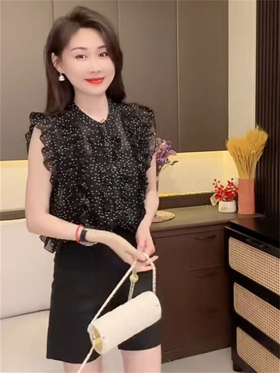 2025 nueva camisa de gasa con estampado de lunares de verano con diseño de hongo mangas voladoras con volantes camisa reductora de edad para mujer