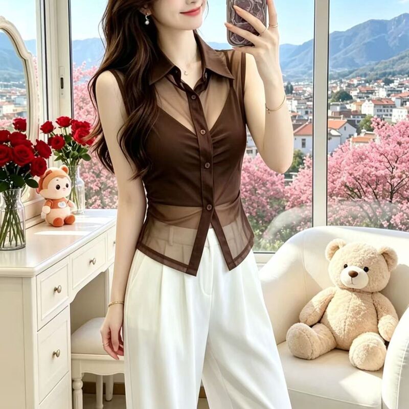 Elegant and Versatile Thin See-Through Polo Collar Feminine Printed Mesh Slim-Fit Sleeveless Black Top