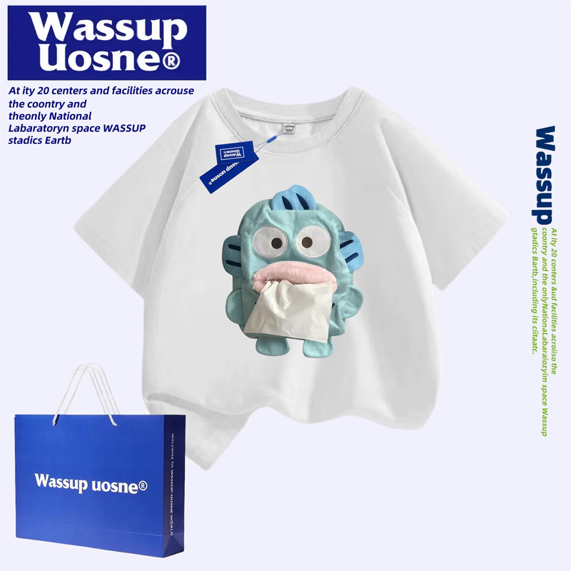 Wassup Kidsren's Japanese Style 3D Dumb Paper Clothes Funny T-Shirt Family Bottoming Shirt Clown Fish Paper Short-Sleeved
